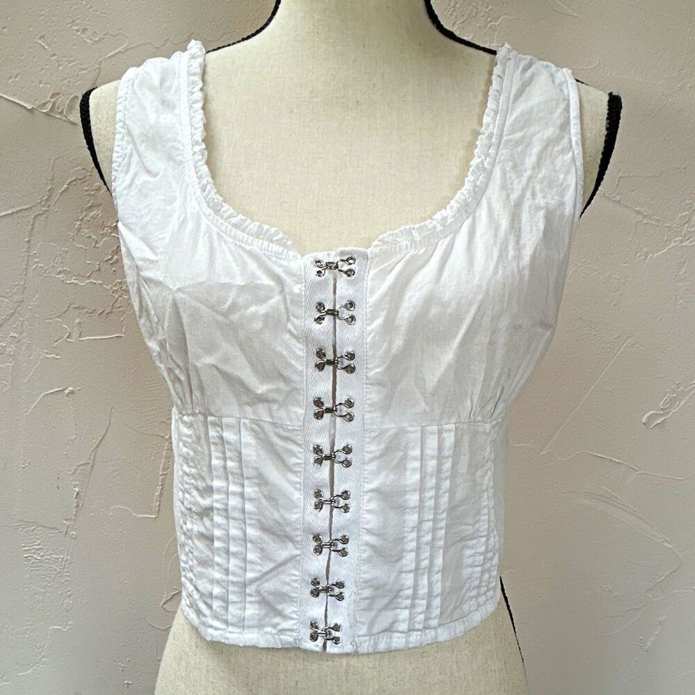 Japna White Cropped Tank Top M Hook & Eye Front Smocked Back Ruffle Cotton